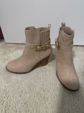 Wedge Ankle Boots in Taupe with Gold Buckle